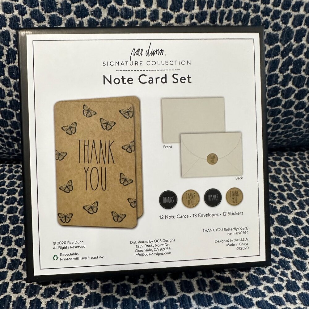 Rae Dunn Notecard Set | 12 Notecards and Stickers | THANK YOU cards Butterflies
